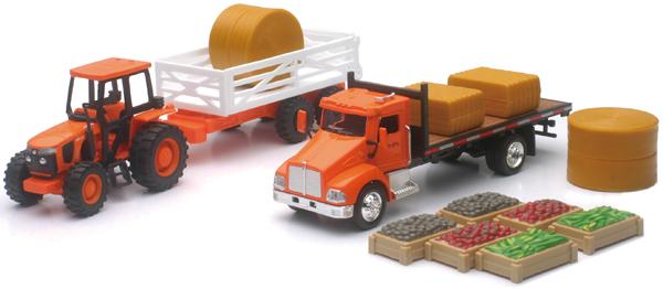NEWRAY DIE CAST MODEL KUBOTA M5-111 FARM & TRACTOR SET ORANGE, SCALE 1:32