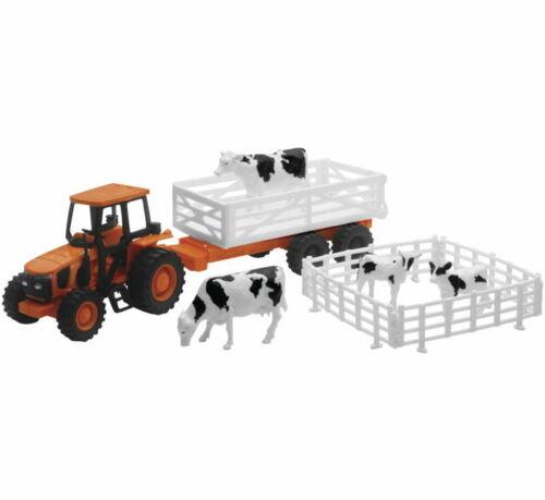 NEWRAY DIE CAST MODEL KUBOTA FARM TRACTOR, & ANIMALS SET ORANGE, SCALE 1:32