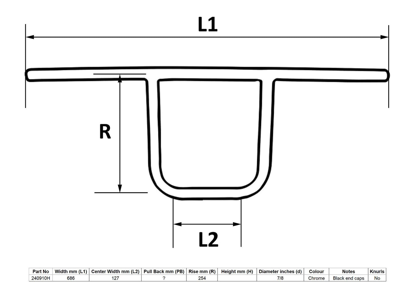 Handlebar 7/8'' T-Bar Universal 10'' Rise With Rake Pull Back