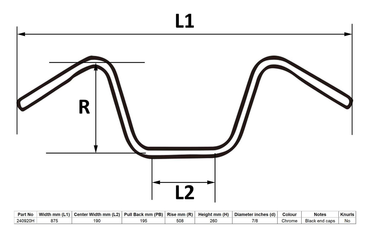 Handlebar 7/8'' Chrome 20'' Rise Wide Bottom