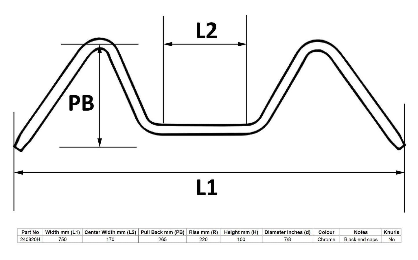 Handlebar 7/8'' Chrome Pull Back 8'' Rise