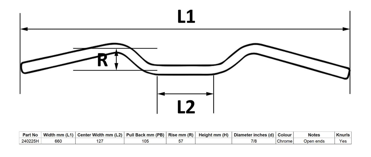 Handlebar 7/8'' Chrome 2.25'' Rise Yamaha RD250LC, RD350LC